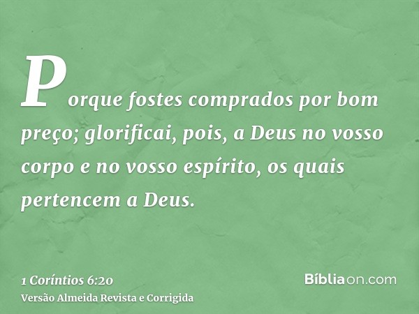 Porque fostes comprados por bom preço; glorificai, pois, a Deus no vosso corpo e no vosso espírito, os quais pertencem a Deus.