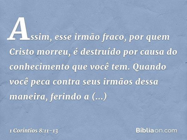 Assim, esse irmão fraco, por quem Cristo morreu, é destruído por causa do conhecimento que você tem. Quando você peca contra seus irmãos dessa maneira, ferindo 
