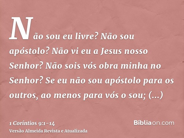 Não sou eu livre? Não sou apóstolo? Não vi eu a Jesus nosso Senhor? Não sois vós obra minha no Senhor?Se eu não sou apóstolo para os outros, ao menos para vós o