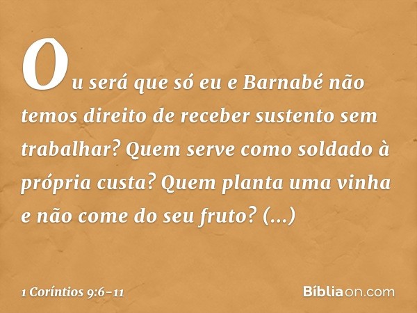 Ou será que só eu e Barnabé não temos direito de receber sustento sem trabalhar? Quem serve como soldado à própria custa? Quem planta uma vinha e não come do se