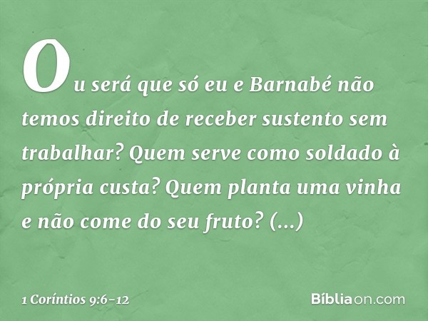 Ou será que só eu e Barnabé não temos direito de receber sustento sem trabalhar? Quem serve como soldado à própria custa? Quem planta uma vinha e não come do se