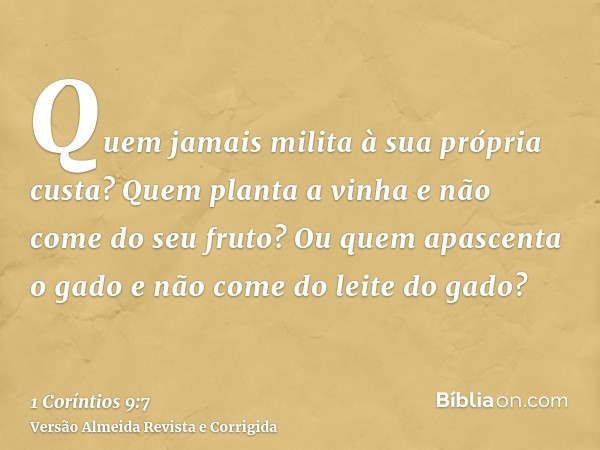Quem jamais milita à sua própria custa? Quem planta a vinha e não come do seu fruto? Ou quem apascenta o gado e não come do leite do gado?