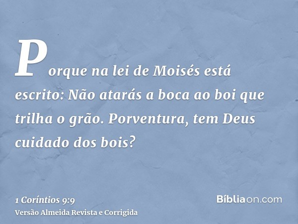 Porque na lei de Moisés está escrito: Não atarás a boca ao boi que trilha o grão. Porventura, tem Deus cuidado dos bois?