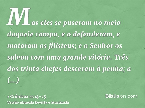 Mas eles se puseram no meio daquele campo, e o defenderam, e mataram os filisteus; e o Senhor os salvou com uma grande vitória.Três dos trinta chefes desceram à