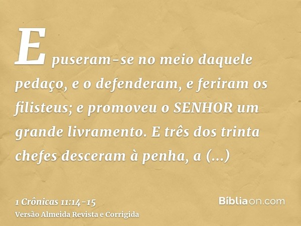 E puseram-se no meio daquele pedaço, e o defenderam, e feriram os filisteus; e promoveu o SENHOR um grande livramento.E três dos trinta chefes desceram à penha,