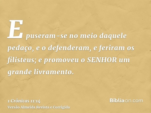 E puseram-se no meio daquele pedaço, e o defenderam, e feriram os filisteus; e promoveu o SENHOR um grande livramento.