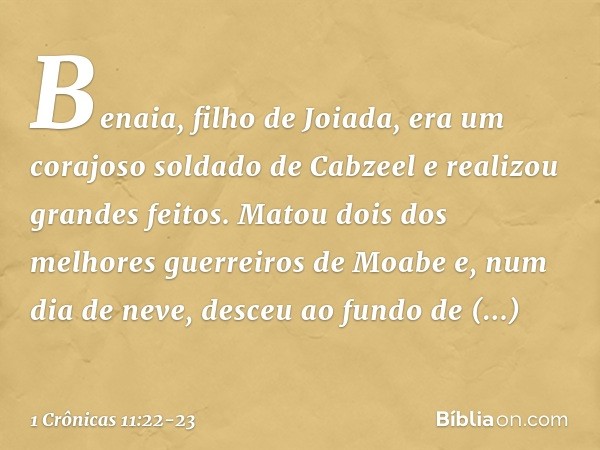 Benaia, filho de Joiada, era um corajoso soldado de Cabzeel e realizou grandes feitos. Matou dois dos melhores guerreiros de Moabe e, num dia de neve, desceu ao
