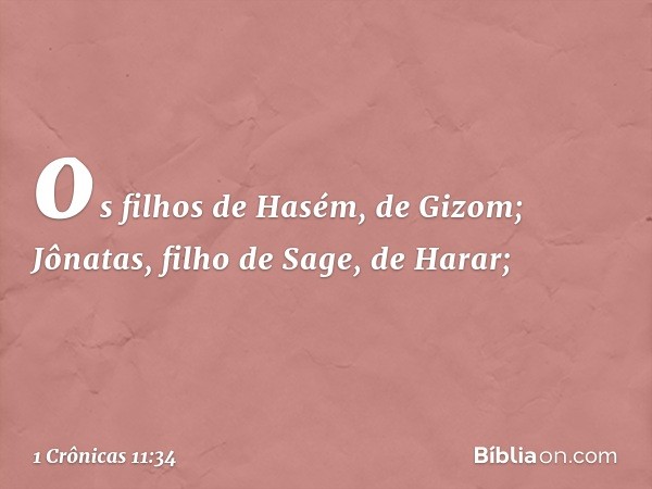 os filhos de Hasém, de Gizom;
Jônatas, filho de Sage, de Harar; -- 1 Crônicas 11:34