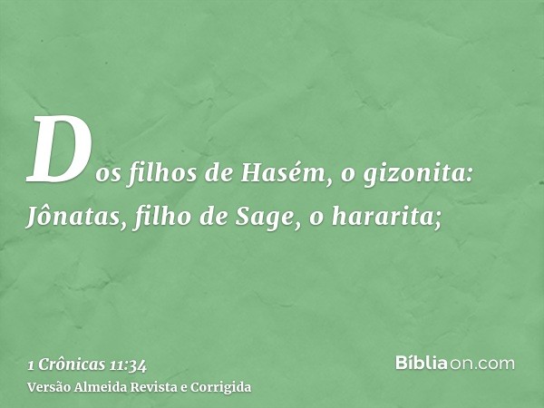 Dos filhos de Hasém, o gizonita: Jônatas, filho de Sage, o hararita;