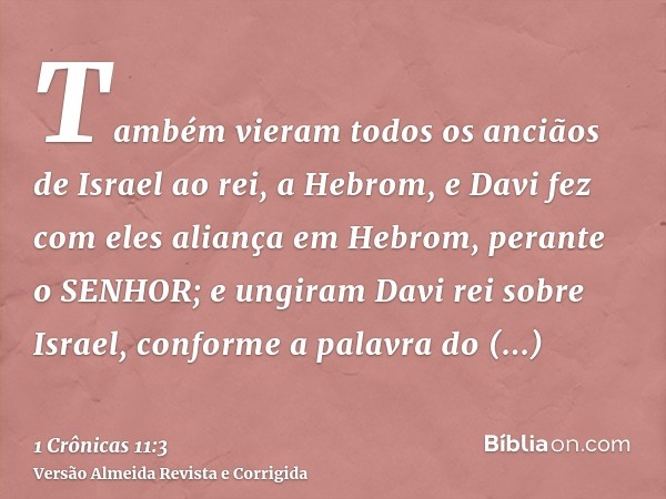 Também vieram todos os anciãos de Israel ao rei, a Hebrom, e Davi fez com eles aliança em Hebrom, perante o SENHOR; e ungiram Davi rei sobre Israel, conforme a 