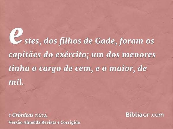 estes, dos filhos de Gade, foram os capitães do exército; um dos menores tinha o cargo de cem, e o maior, de mil.