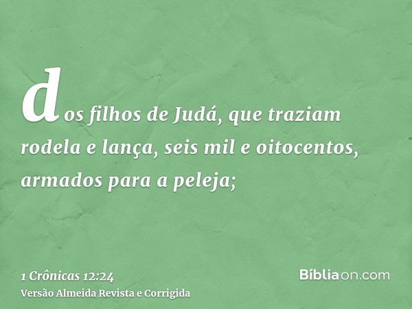 dos filhos de Judá, que traziam rodela e lança, seis mil e oitocentos, armados para a peleja;