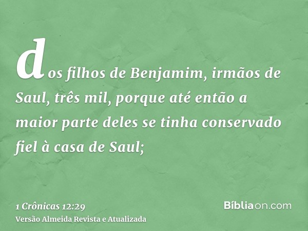 dos filhos de Benjamim, irmãos de Saul, três mil, porque até então a maior parte deles se tinha conservado fiel à casa de Saul;