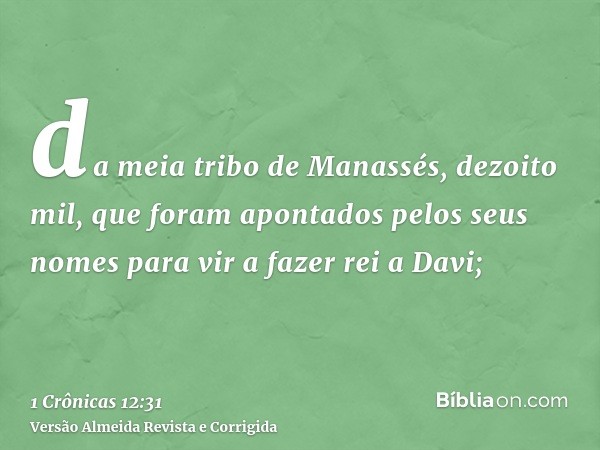 da meia tribo de Manassés, dezoito mil, que foram apontados pelos seus nomes para vir a fazer rei a Davi;