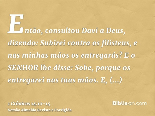 Então, consultou Davi a Deus, dizendo: Subirei contra os filisteus, e nas minhas mãos os entregarás? E o SENHOR lhe disse: Sobe, porque os entregarei nas tuas m