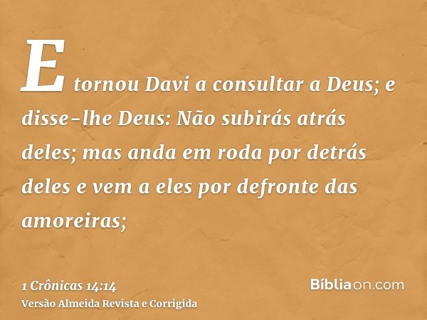 E tornou Davi a consultar a Deus; e disse-lhe Deus: Não subirás atrás deles; mas anda em roda por detrás deles e vem a eles por defronte das amoreiras;
