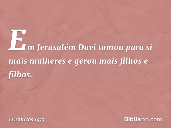 Em Jerusalém Davi tomou para si mais mulheres e gerou mais filhos e filhas. -- 1 Crônicas 14:3