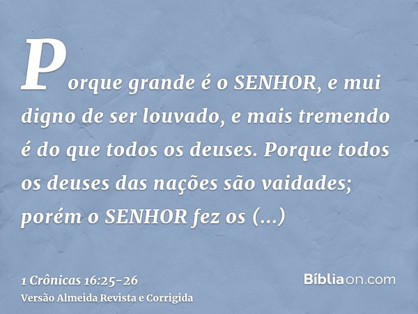 Porque grande é o SENHOR, e mui digno de ser louvado, e mais tremendo é do que todos os deuses.Porque todos os deuses das nações são vaidades; porém o SENHOR fe