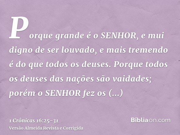 Porque grande é o SENHOR, e mui digno de ser louvado, e mais tremendo é do que todos os deuses.Porque todos os deuses das nações são vaidades; porém o SENHOR fe