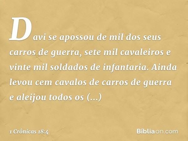 Davi se apossou de mil dos seus carros de guerra, sete mil cavaleiros e vinte mil soldados de infantaria. Ainda levou cem cavalos de carros de guerra e aleijou 