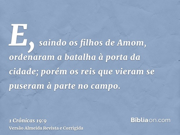 E, saindo os filhos de Amom, ordenaram a batalha à porta da cidade; porém os reis que vieram se puseram à parte no campo.