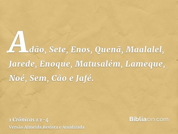 Adão, Sete, Enos,Quenã, Maalalel, Jarede,Enoque, Matusalém, Lameque,Noé, Sem, Cão e Jafé.