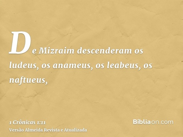 De Mizraim descenderam os ludeus, os anameus, os leabeus, os naftueus,