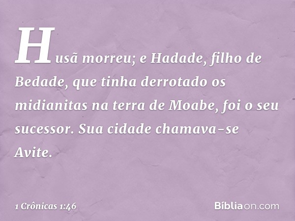 Husã morreu; e Hadade, filho de Bedade, que tinha derrotado os midianitas na terra de Moabe, foi o seu sucessor. Sua cidade chamava-se Avite. -- 1 Crônicas 1:46