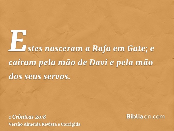 Estes nasceram a Rafa em Gate; e caíram pela mão de Davi e pela mão dos seus servos.