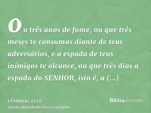 ou três anos de fome, ou que três meses te consumas diante de teus adversários, e a espada de teus inimigos te alcance, ou que três dias a espada do SENHOR, ist