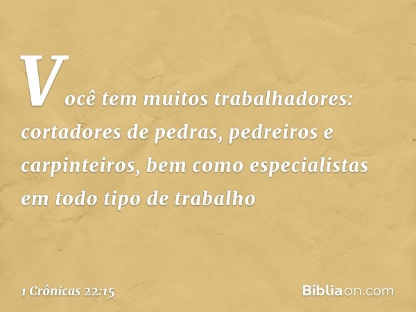 Você tem muitos trabalhadores: cortadores de pedras, pedreiros e carpinteiros, bem como especialistas em todo tipo de trabalho -- 1 Crônicas 22:15