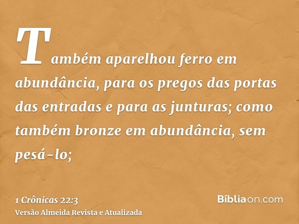 Também aparelhou ferro em abundância, para os pregos das portas das entradas e para as junturas; como também bronze em abundância, sem pesá-lo;