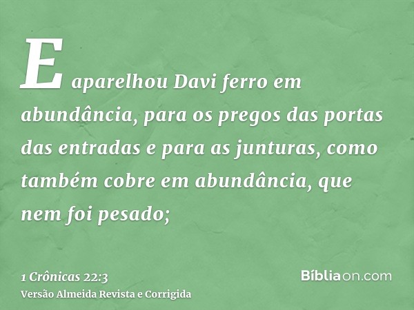 E aparelhou Davi ferro em abundância, para os pregos das portas das entradas e para as junturas, como também cobre em abundância, que nem foi pesado;