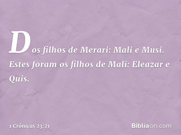 Dos filhos de Merari:
Mali e Musi.
Estes foram os filhos de Mali:
Eleazar e Quis. -- 1 Crônicas 23:21