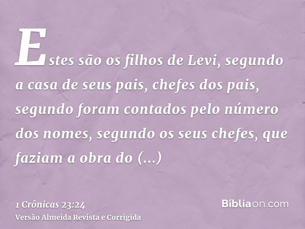 Estes são os filhos de Levi, segundo a casa de seus pais, chefes dos pais, segundo foram contados pelo número dos nomes, segundo os seus chefes, que faziam a ob