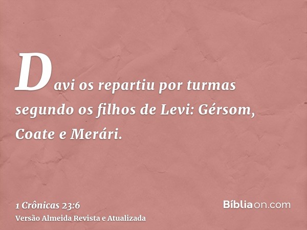 Davi os repartiu por turmas segundo os filhos de Levi: Gérsom, Coate e Merári.