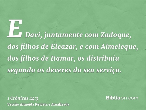 E Davi, juntamente com Zadoque, dos filhos de Eleazar, e com Aimeleque, dos filhos de Itamar, os distribuiu segundo os deveres do seu serviço.