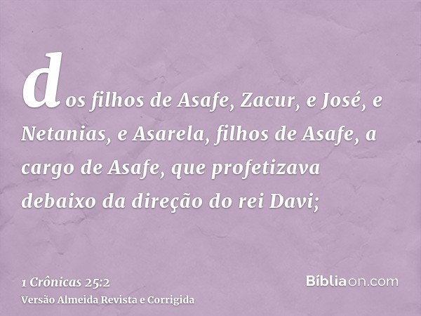 dos filhos de Asafe, Zacur, e José, e Netanias, e Asarela, filhos de Asafe, a cargo de Asafe, que profetizava debaixo da direção do rei Davi;