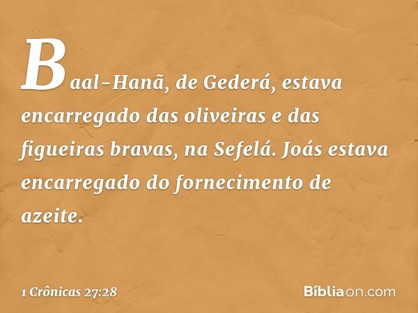 Baal-Hanã, de Gederá, estava encarregado das oliveiras e das figueiras bravas, na Sefelá.
Joás estava encarregado do fornecimento de azeite. -- 1 Crônicas 27:28