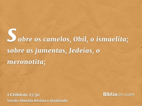 sobre os camelos, Obil, o ismaelita; sobre as jumentas, Jedeías, o meronotita;