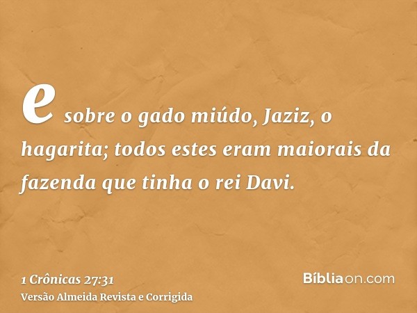 e sobre o gado miúdo, Jaziz, o hagarita; todos estes eram maiorais da fazenda que tinha o rei Davi.