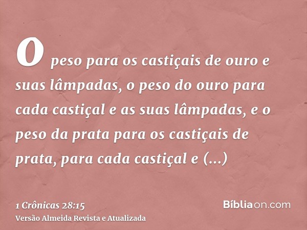 o peso para os castiçais de ouro e suas lâmpadas, o peso do ouro para cada castiçal e as suas lâmpadas, e o peso da prata para os castiçais de prata, para cada 