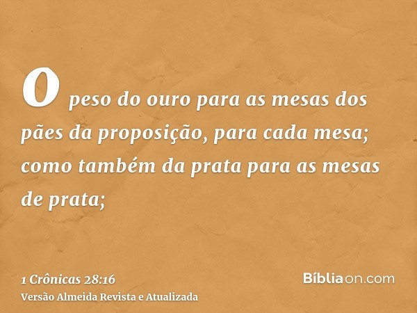 o peso do ouro para as mesas dos pães da proposição, para cada mesa; como também da prata para as mesas de prata;