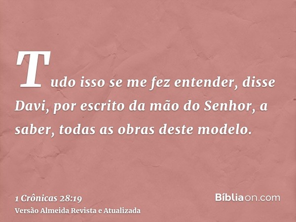 Tudo isso se me fez entender, disse Davi, por escrito da mão do Senhor, a saber, todas as obras deste modelo.