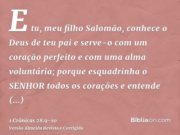 E tu, meu filho Salomão, conhece o Deus de teu pai e serve-o com um coração perfeito e com uma alma voluntária; porque esquadrinha o SENHOR todos os corações e 