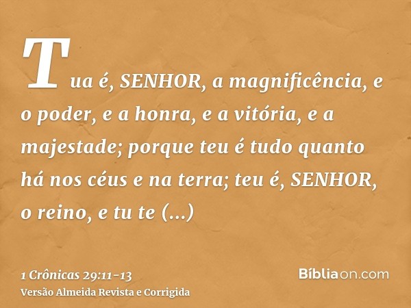 Tua é, SENHOR, a magnificência, e o poder, e a honra, e a vitória, e a majestade; porque teu é tudo quanto há nos céus e na terra; teu é, SENHOR, o reino, e tu 