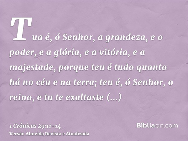 Tua é, ó Senhor, a grandeza, e o poder, e a glória, e a vitória, e a majestade, porque teu é tudo quanto há no céu e na terra; teu é, ó Senhor, o reino, e tu te