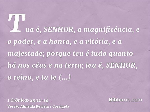 Tua é, SENHOR, a magnificência, e o poder, e a honra, e a vitória, e a majestade; porque teu é tudo quanto há nos céus e na terra; teu é, SENHOR, o reino, e tu 