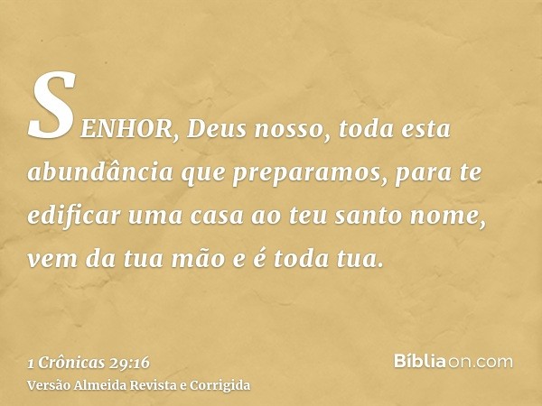 SENHOR, Deus nosso, toda esta abundância que preparamos, para te edificar uma casa ao teu santo nome, vem da tua mão e é toda tua.