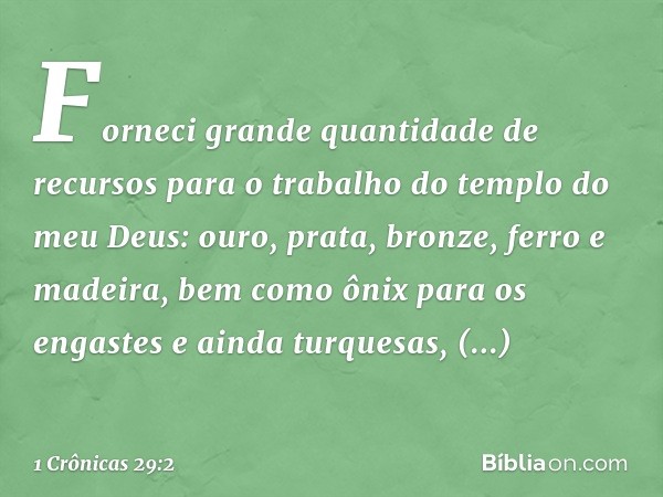 Forneci grande quantidade de recursos para o trabalho do templo do meu Deus: ouro, prata, bronze, ferro e madeira, bem como ônix para os engastes e ainda turque